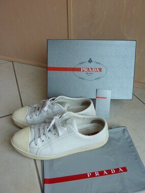 PRADA Womens Linea Rossa Cap Toe White Leather Sneakers Shoes SZ 40.5 Box, Bag